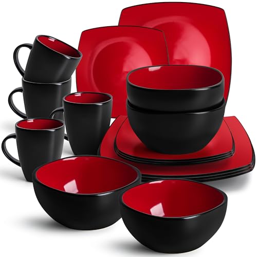 MIAMIO - vajilla completa de 16 piezas (4 tazas, 4 tazones, 4 platos grandes, 4 platos pequeños) (Rojo)