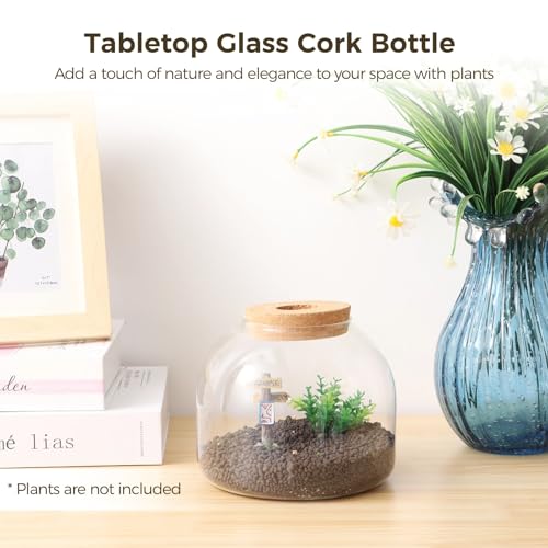 54 oz Glass Fish Bowl Vase with Cork Lid, Clear Bubble Planter Vase Globe Flower Centerpiece, 3 Inch Open Mouth Round Terrarium Vase, 6 Inch Diameter x 5 Inch Height - Thumbnail 3