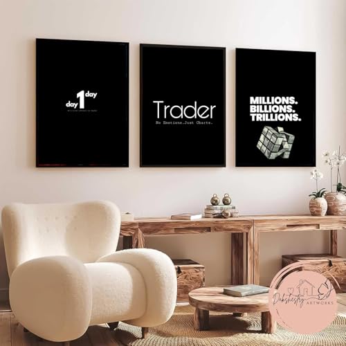 Image of DAKSHESTRY ARTWORKS Set of 3 Trader Motivational Wall Art Prints - Black Minimalist Finance Success Quote Framed Posters for Office Bedroom Home Decor (A4 8x12 Inch, Black Frame)