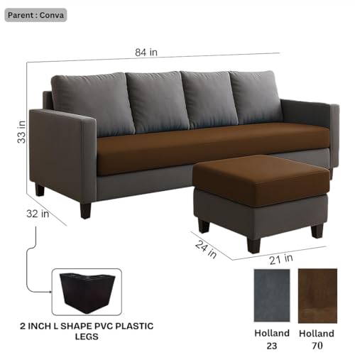 Image of FURNY Arnold 5 Seater L Shape Sofa Set with Movable Ottoman | Flexible Left or Right Layout | Plush Velvet Fabric (Dark Grey-Dark Brown) | Perfect for Living Room, Guest Room & Office