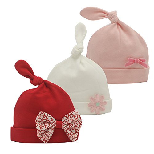 Nihao Baby Newborn Hospital Hat with Bow Infant Toddler Girl Top Knot Beanie Hat 3 Pack (Red Pink White, 0-6 Months)