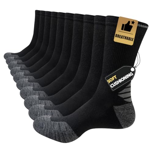 JOYNE 5 Pairs Mens Lightweight Long Cushion Work Socks Casual Breathable Crew Athletic Socks for Workout Sports Black Large Sock Size:10-13