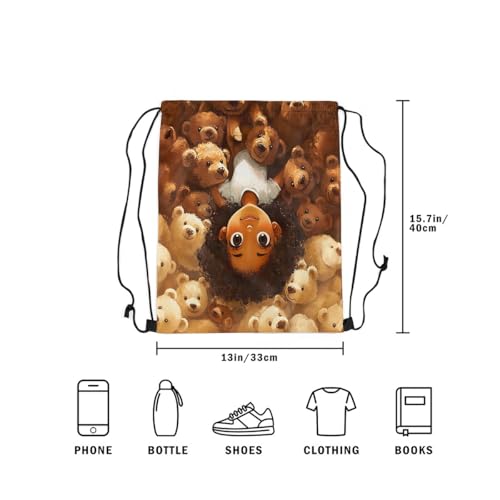 Image of jejeloiu Cute Black Drawstring Backpack 13x15.7inch African American Waterproof Gym Drawstring Bags Bear Sports String Backpack Beach Swim Travel Bag Sackpack(No Glitter)