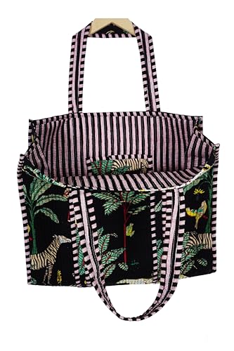 Image of Quilted Cotton Hand printed Reversible Large multicolor cotton Tote Bag,Indian Handmade Block Printed Tote Bag Women Handbag
