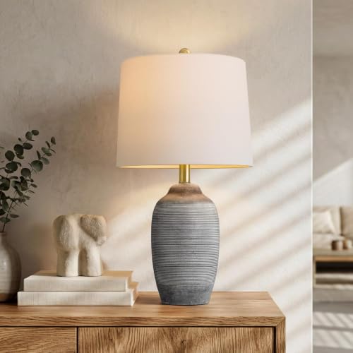 Image of 24.5 inch Ceramic Rustic Lamp for Living Room with Pre-Attached Shade | Single Gray Bedside Lamps, Hand-Textured Farmhouse Vintage Table Lamps for Bedroom Nightstands, End Table Home Decor,5FT Cord