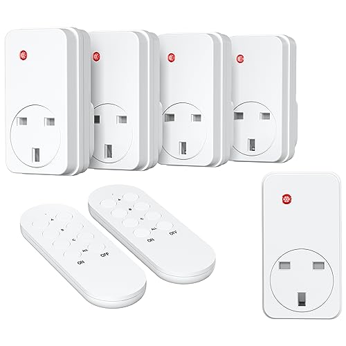 SURNICE Wireless Remote Control Plug Socket, 13A/3000W Home Programmable Electrical Outlet Switch Plug for Lights, Household Appliances, 40m/130ft Long Range, 5 Pack Sockets and 2 Remote