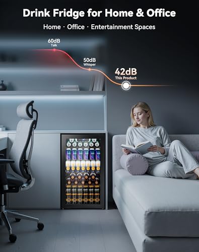 Image of 3.1 Cuft Beverage Fridge, 128 Can Mini Fridge, Glass Door, 35-65F, Black | Adjustable Shelves for Wine & Beer, Digital Temp Display, Freestanding for Home & Office, Quiet Compressor Cooling