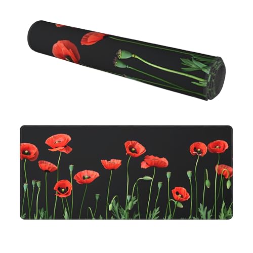 Image of Red Poppy Flowers Extended Gaming Mouse Pad, with Stitched Edges Large Mouse Pad Desk Protector, Rubber Base Mousepad Keyboard Mouses Mat for Work Game Office Home- 32 inch X 12 inch Inch