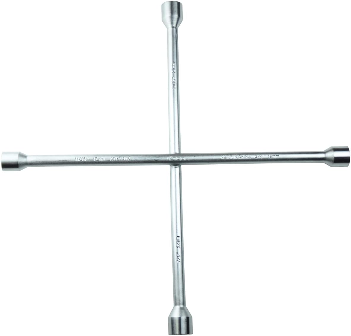 K Tool International 71942 Llave de tuercas combinada SAE/métrica para garajes, talleres de reparación y bricolaje, 18", cruz de 4 vías, cromada, 15,5 OD, tamaños 7/8" (22 mm), 13/16" (21 mm), 3/4" (19 mm), 11/16" (17 mm)