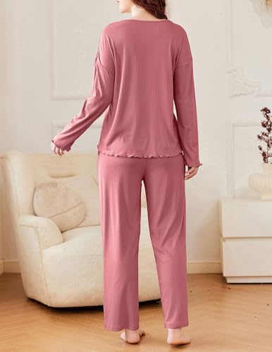 Ekouaer Womens Ribbed Knit Pajamas Set V Neck Long Sleeve Pj Set 2 Piece Loungewear Casual Sleepwear