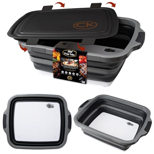 CK GOLD New XL Collapsible BBQ Prep Tub with LOCKING Lid, Cutting Board & Drain Hole | BPA-Free, Food-Grade, Space-Saving Prep Tubs for Marinating, Grilling, Camping & Outdoor Cooking (Black, 16L)