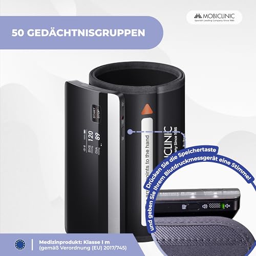 Mobiclinic®, Blutdruckmessgerät, Digital, Bluetooth- und APP-Verbindung, Sprachführung, 50 Speicherplätze, Bewegungserkennung, USB-Aufladung, Präzise, ​​Cardiomed