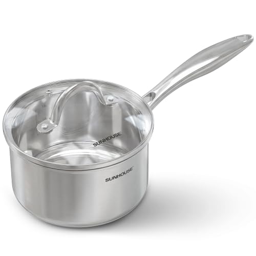 Image of Sunhouse: Stainless Steel Tri-Ply Saucepan - 2 Quart - Tempered Glass Lid, Whole Clad Premium 18 /8, Uncoated Pot, All Cooktops, Oven-Dishwasher Safe