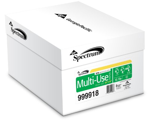 GP Spectrum 30% Recycled MultiUse Paper, 8.5 x 14 Inches Legal Size, 92 Bright White, 20 Lb, 30% Post Consumer Fiber, 10 Reams/Carton (5000 Sheets) (999918C)