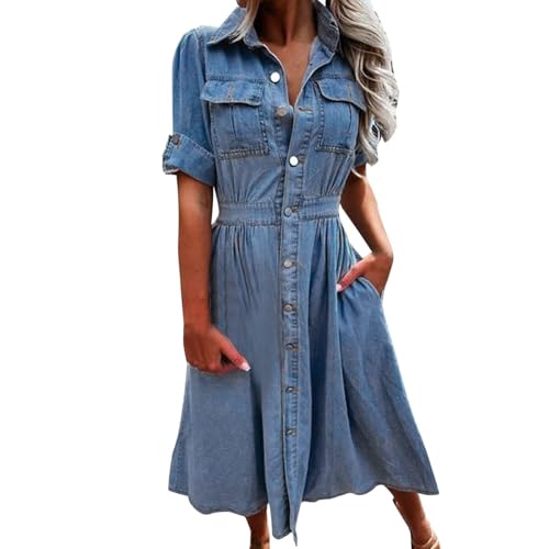 Image of Lockenstab Women's Denim Dress Short Sleeve Shirt Dresses For Women UK Button Spring Dress With Pocket Knee Length Denim Dresses(XX-Large)