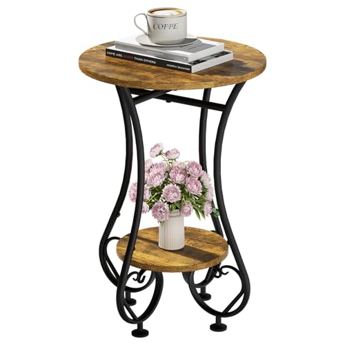 Side Table,Small Round End Table with Lower Shelf for Small Spaces,Round Bedside Nightstand Table with Metal Frame,Couch Sofa Coffee Tea Table,Retro Accent Drink Table for Living Room Bedroom Balcony