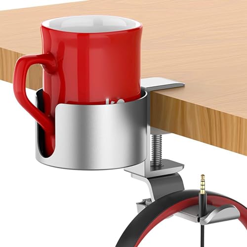 RASTKY Support pour écouteurs de Bureau Rotatif à 360 Degrés avec Porte-gobelet – 2 en 1 sur Le Porte-gobelet de Bureau et Le Support pour Casque, pour Les Jeux et la Maison (Silver)