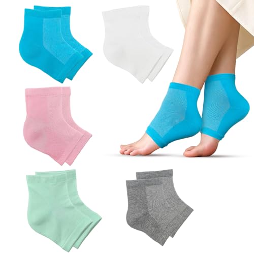 Yuaerbuo 5 Paires Chaussettes Hydratantes à Talon Souple-4 Respirant Chaussettes Hydratantes pour Talons en Gel et 1 Chaussette Hydratante Pied Réutilisable Sans Gel Nuit pour Les Pieds Secs