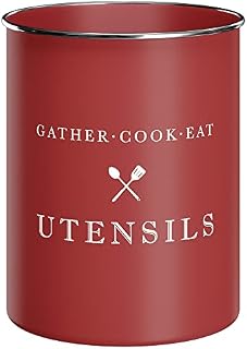 Barnyard Designs Metal Utensil Crock Holder, Rustic Farmhouse Countertop Decor, Country Kitchen Utensil Storage Caddy Organizer, Brick Red, 14 x 17cm