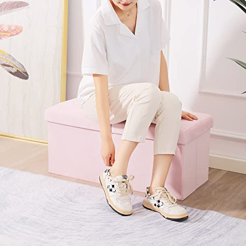 Image of Storage Ottoman Bench Foldable Footrest Foot Stool, 30 inch Velvet Pink | Small Ottoman Foot Rest Seat Shoe Bench Flip-Top forliving Room End of Bed Bedroom Couch Dorm, 80L Folding Upholstered Chair