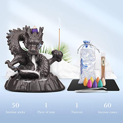Yajodi Dragon Incense Burner, Backflow Waterfall Incense Holder Tower Aromatherapy Ornament Gifts For Home Office With 60 Backflow Incense Cones, 50 Incense Sticks, 1 Mat, 1 Tweezers #TOP1