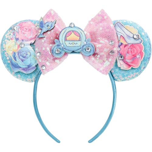 CANMIL Princess Mouse Ears Headband Sparkle Mouse Ears with Bow for Women Girls Cute Hair Beauty Accessories with Sequin Decorations (Carriage)