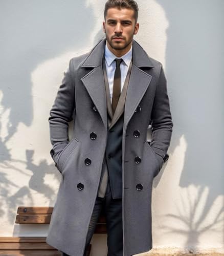 Image of FTIMILD Mens Wool Blend Pea Coat Warm Winter Trench Coat Notched Lapel Double Breasted Overcoat