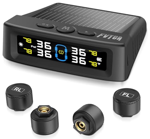 Tire Pressure Monitoring System - TPMS with Solar and USB Charger, 4 Tire Sensors and 6 Alarm Modes, Auto on/off and Voice Prompt, TPMS with Color LCD Screen, for RV, Sedan, SUV, MPV, etc (0-87 PSI)