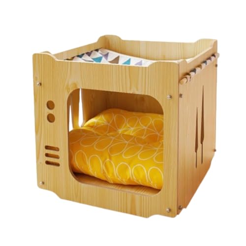 Yubbuio 猫 ハウス-キャットハウス 猫の家2段ベッド 猫 ベッド 冬 柔らかい ネコのベッド 二段マット 玄関ホール 机 ネコの家 寝室 リビングルーム 様々な 小さなスペースに 適用 ペットハウス 木色の ネコの家 (M(34*34*33cm))