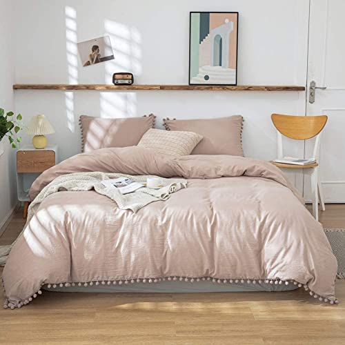 Taupe Duvet Cover Set Light Taupe Bedding Set 3 Pieces Tan Gray Ultra Soft Pom Poms Fringe Pattern Solid Taupe Bedding Queen 1 Duvet Cover 2 Pillowcases (Queen,Taupe) - Thumbnail 2