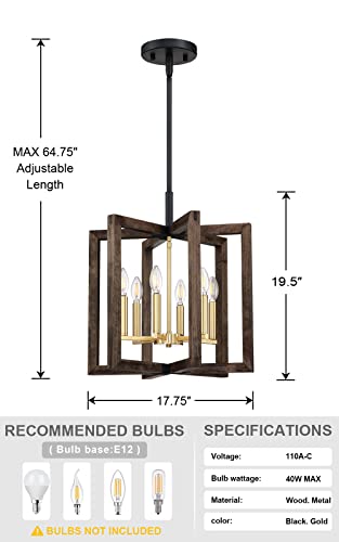 Dolaimi House 6 Light Farmhouse Adjustable Hand Painted Wood Semi Flush Mount Ceiling Light Fixtures Black Finish,Rustic Hanging Pendant Chandeliers For Foyer Dining Room Kitchen Island Hallway #TOP2
