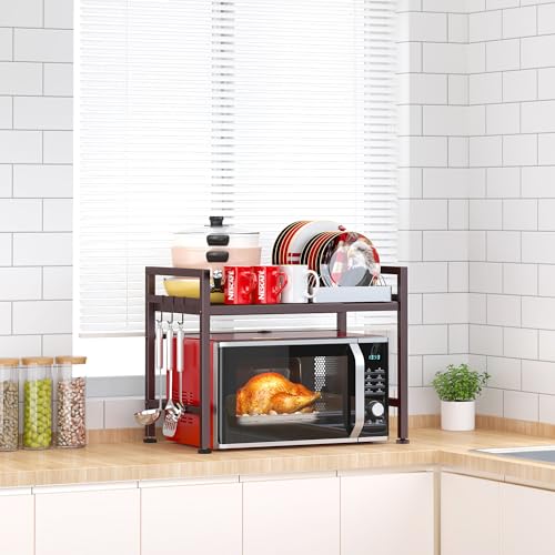 Image of PUSDON Extendable Microwave Oven Rack, Adjustable Microwave/Toaster Shelf Heavy Duty Stand Kitchen Counter Top Organizer, 2 Tier with 3 Hooks, 160lbs Weight Capacity, Bronze