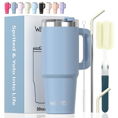 Image of 30 oz Tumbler with Handle,Tumbler with Lid and Straw,Double Wall Insulated Cup Stainless Steel Travel Mug(Cold for 34 Hours),Water Bottle for Iced Tea,Coffee,Cold Beverages(Smog Blue)