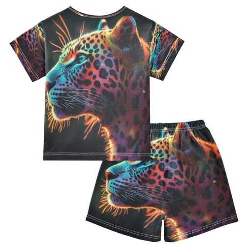 ALAZA Rainbow Color Leopard Pajamas Set Short Sleeve Cotton Sleepwear Summer Pjs 2 Piece 5-14Y2