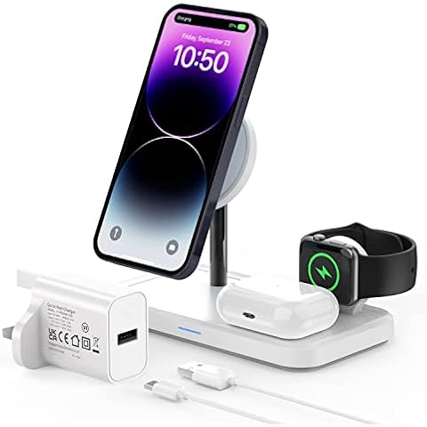 Magnetic Wireless Charger, GEEKERA 3 in 1 Wireless Charging Station, 18W Mag Safe Phone Charger Stand for iPhone 14/13/12 Pro/Pro Max/mini, Apple Watch 8/7/6/5/4/3/2/SE/Ultra, Airpods 3/2/Pro, White Cover