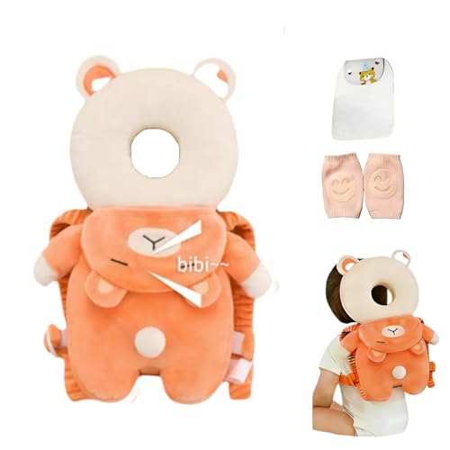 Baby Head Protector Backpack, Toddler Baby Head Protection Backpack with Baby Knee Pads Alarm Function for Walking &amp; Crawling, Soft, Breathable and Wearing Safety Baby Head Protector (Orange Bear)