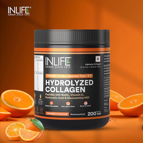 Image of INLIFE Japanese Hydrolyzed Collagen Peptides Powder Clinically Proven Ingredient, Type 1 & 3, Health Supplement for Men & Women (200g Orange)