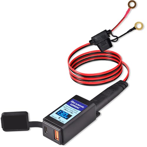 Motorcycle USB-C Charger, Garystat SAE to USB Adapter, 27W Dual Port USB Fast Charger with 10A Fuse & Voltmeter/Ammeter & ON/Off Switch, Perfect for Charging Phone, Tablet, GPS etc