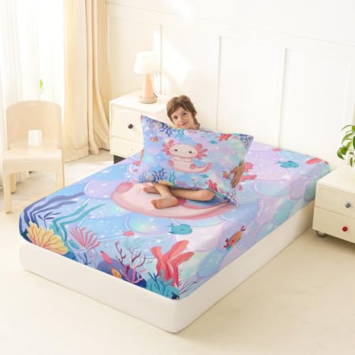 Image of jejeloiu Cute Axolotl Bed Sheets Set Twin Size Kawaii Ocean Sealife Bed Set for Kids Boys Girls Cartoon Salamander Deep Pocket Fitted Sheet Reptile Animal Breathable Soft Lightweight Microfiber