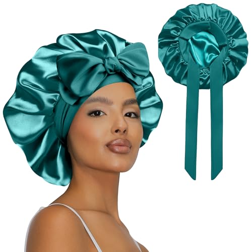Vettres Hair Bonnet for Sleeping Satin Bonnet Silk Sleep Bonnets Double Layer Satin Bonnet with Tie Green