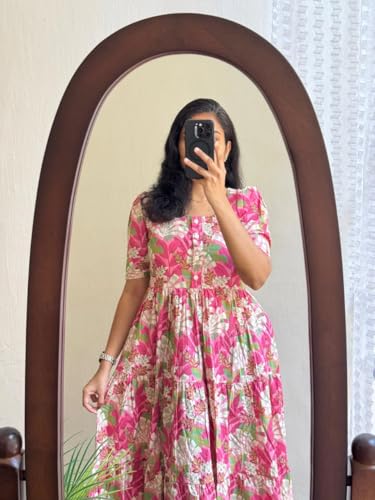Image of Women's Cotton Blend Maxi Midi Dress Western Dress for Women Elegant Floral Printed Long Dresses
