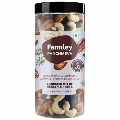 Farmley Panchmeva Healthy Dry Fruits Mix | Healthy Mixed Nuts with Dry Fruits | Almonds | Cashews | Dates | Black raisin | Green raisin, Reusable Jar (405g) Farmley Panchmeva Healthy Dry Fruits Mix | Healthy Mixed Nuts with Dry Fruits | Almonds | Cashews | Dates | Black raisin | Green raisin, Reusable Jar (405g)
