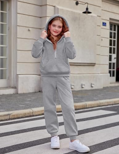 Image of Arshiner Girls 2 Piece Outfits Sweatsuit Half Zip Sweatshirt and Sweatpants | Fall Winter, Drop Shoulder Long Sleeve, Thumbhole Hoodies, with Sweatpant, Jogger Set, Sweat Set, Tracksuits with Pockets