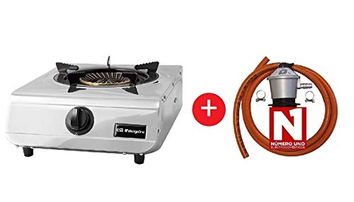 ElectrodomesticosN1 Pack Hornillo a Gas Orbegozo fo 1710 INOX, 1 Fuegos + Regulador de Gas butano HVG, Tubo Manguera 0,8 Metros, Abrazaderas