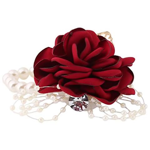 LoveAloe Wedding Bridal Bridesmaid Wrist Corsage Bracelet Artificial Hand Flower for Beach Party,Wine Red Cover