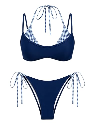 Image of ZAFUL Women's Polka Dot Bikini Set Double Layer Halter Swimsuit Colorblock Side Tie 2 Piece Bathing Suit