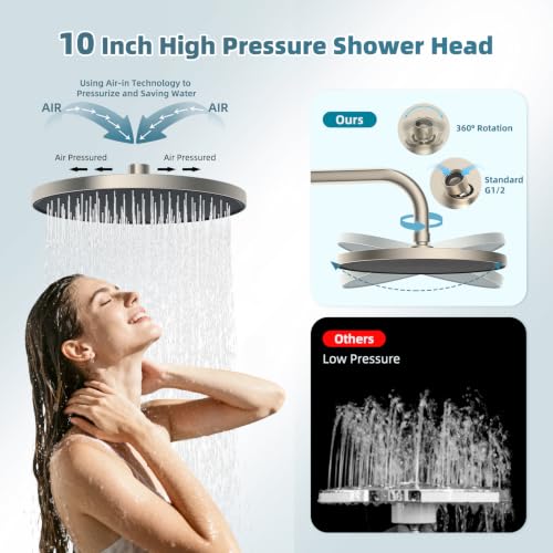 Hibbent 10'' Rain Shower Head Combo, 3 Handheld Sprays, Brushed Nickel - image 5