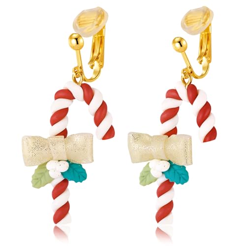 Aretes Navidad Bastón de Caramelo Clip On Mujer miniatura 1