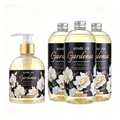 ROMIIE ZOI Liquid Hand Soap Family Pack, Gardenia, 260ml + 3 x 750ml Refills – Long-Lasting Supply, Gentle & Moisturizing Hand Soap Bulk Set