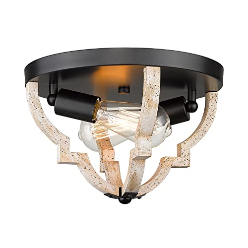 Caldion 2-Light Farmhouse Wood Ceiling Light, Flush Mount Light Fixture With Wood And Metal, Round Drum Rustic Ceiling Light Fixture With Oak Wood And Black Base For Dining Room, Entryway, 6808Fm-Gw #TOP5